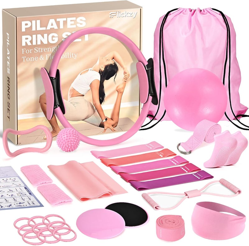 FLICKZY Pilates Ring Set for Women, Magic Circle Pilates Rings 12" with Resistance Bands, Pilates Kit for Home Workouts, Pilates Equipment for Strength, Toning and Flexibility - Image 1